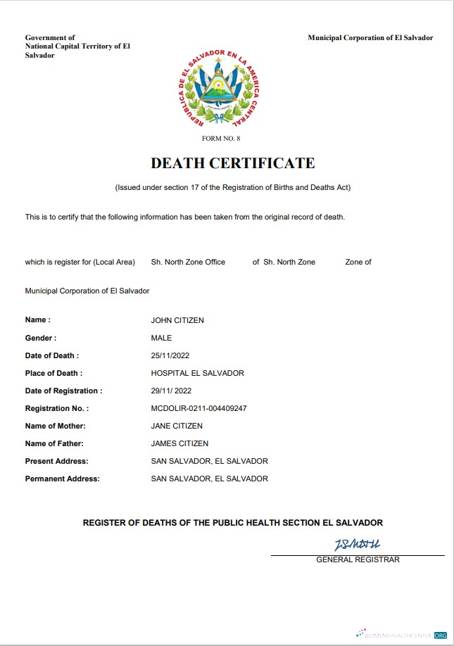 Download El Salvador vital record death certificate Word and PDF template Photoshop template